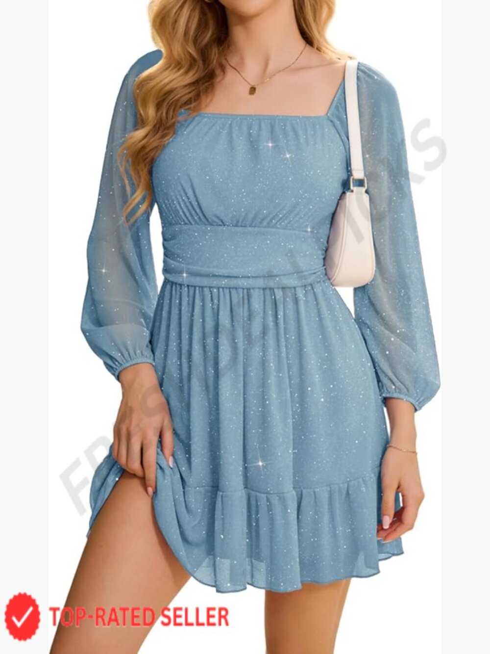 Sparkly Mesh Lantern Sleeve Short Party Dress Square Neck Flowy A-Line Mini
